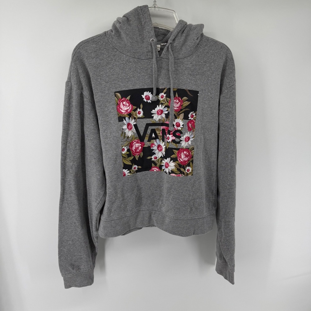 Vans Womens Heather Gray Floral Graphic Cropped Hoodie Sweatshirt Large Skater